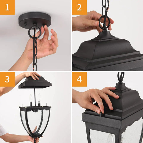 Installation steps of Outdoor Pendant Light Fixture For Porch And Entryway In Black Finish With Seeded Glass Lantern Chandelier.