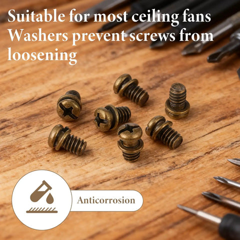 Twenty Pack Ceiling Fan Blade Screws 1/4-20 X 3/8 Phillips Pan Head Heavy Duty Carbon Steel Replacement Fasteners on wood surface.