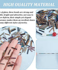 High-quality 623 Pieces Glass Bugle Beads Set in Seven Dope Metallic Colors for jewelry making, showing tubular beads and crafting uses.