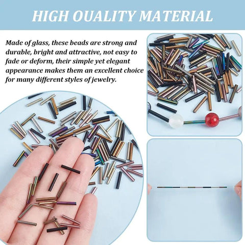 High-quality 623 Pieces Glass Bugle Beads Set in Seven Dope Metallic Colors for jewelry making, showing tubular beads and crafting uses.