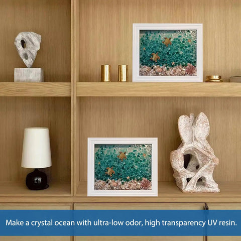 DIY Mosaic Kit For Adults With Sea Glass And Resin, glass mosaic craft in white frames on wooden shelf, turtle design