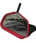 Wide 17.5 Inch Frame Pool Leaf Rake With 14 Inch Standard Mesh Bag, shown from the side with black mesh and red frame