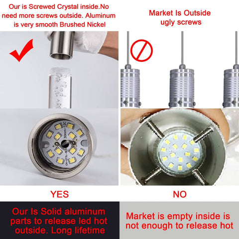 Comparison of pendant light components with brushed nickel finish and internal heat dissipation features versus standard models.