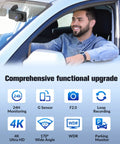 Man using 4K Front And 1080P Rear 3 Channel Dash Cam For Your Ride With 32GB Card inside car, features listed below.