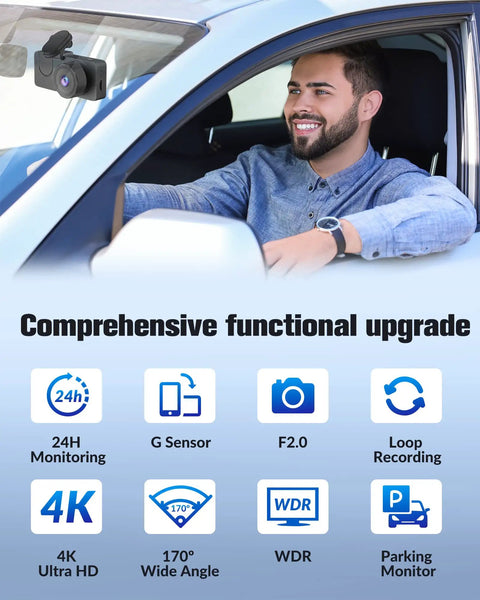 Man using 4K Front And 1080P Rear 3 Channel Dash Cam For Your Ride With 32GB Card inside car, features listed below.