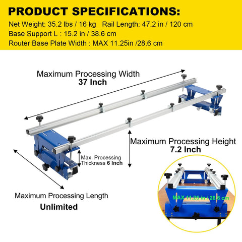 Router Sled for Woodworking, 48 Inch Slab Flattening Jig With XYZ Axis Adjustable Guide and Knob, blue trimming machine specs
