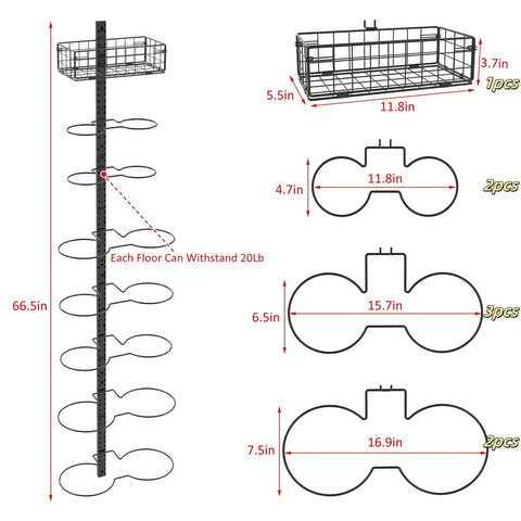 Wall Mounted Basketball Rack And Football Holder For Garage Sidekick dimensions diagram, showing adjustable size, black metal material and design details.