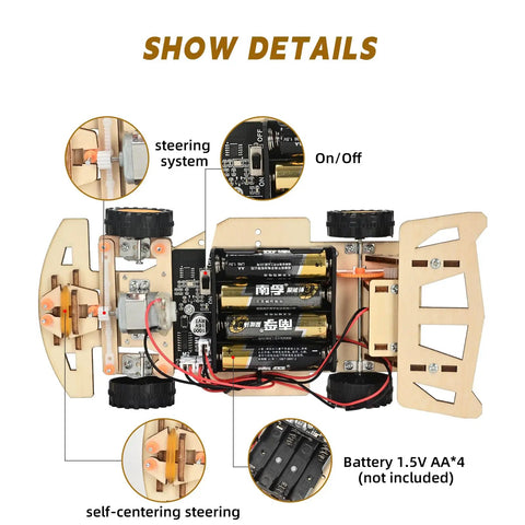 Self-Centering Steering RC Car Kit for STEM Projects, DIY Engineering Toy for Kids Ages 8-12, Drifting Action, Kid-Friendly Builds, Learn Coding, Hands-On STEM Kit for Young Makers, wood-finish chassis detail