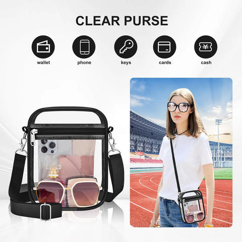 Stadium Approved Clear Bag For Women Crossbody Purse See Through Tote For Concerts Festivals And Sports Events with sunglasses and phone inside