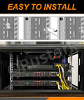 Heavy Duty 40 Piece Carbon Steel Cage Nut Assortment Kit With Snap In Square Rack Mount Clips For Server Cabinets And Electronic Shelves Includes 10 each of 1/4 20 5/16 18 10 32 And 12 24 Threads for easy installation demonstration.