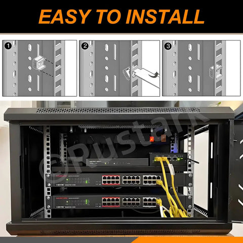 Heavy Duty 40 Piece Carbon Steel Cage Nut Assortment Kit With Snap In Square Rack Mount Clips For Server Cabinets And Electronic Shelves Includes 10 each of 1/4 20 5/16 18 10 32 And 12 24 Threads for easy installation demonstration.