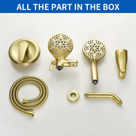 Components of Brushed Gold All In One Dual Shower System With Tub Spout And Trim Kit, Handheld And Overhead Shower Heads