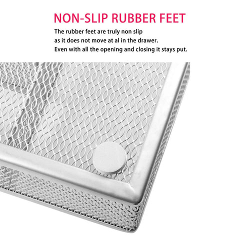 Close-up of Durable Mesh Wire Cutlery Drawer Organizer With Non Slip Foam Feet Five Compartment Silverware Tray corner detail
