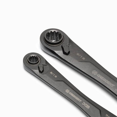Close-up of 2 Piece X6 4 In 1 Black Oxide Spline Ratcheting SAE Wrench Set With 5 Degree Arc And X6 Beast Box Ends for versatile use.
