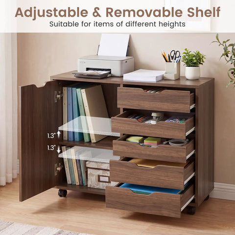 Total Game Changer Smooth Rolling 5 Drawer Wooden Filing Cabinet With Side Door And Adjustable Shelf Mobile Printer Stand Organizer For Home Office Bedroom Coffee Finish showing adjustable shelf and storage.