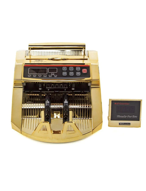 Golden money counter with counterfeit detection and LED display, counts up to 1,000 bills a minute, works with US dollar and larger denominations.