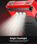 Smart Touch Screen Digital Multimeter Kit with flashlight feature, showing three LED lights and warning label on red casing
