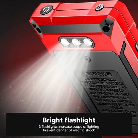 Smart Touch Screen Digital Multimeter Kit with flashlight feature, showing three LED lights and warning label on red casing