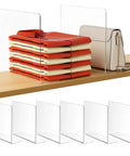 Clear Acrylic Shelf Dividers For Closet Organization 6 Pack Adjustable Book And Sweater Supports Straight Up Solid Zero Assembly Purse Separators on shelf with stacked sweaters and a purse.