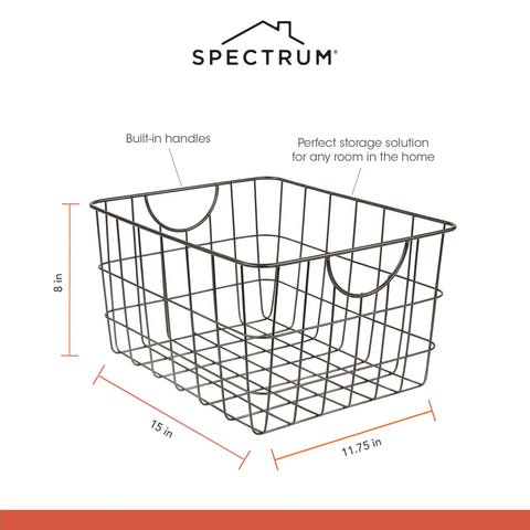 Industrial Gray Utility Basket With Easy Grip Handles For Kitchen Pantry Organization And Closet Shelf Bins Durable Steel Wire Container Open Grid Design Heavy Duty Shelving Essential Modern Home Vibes, 15x11.75x8 inch design with built-in handles.