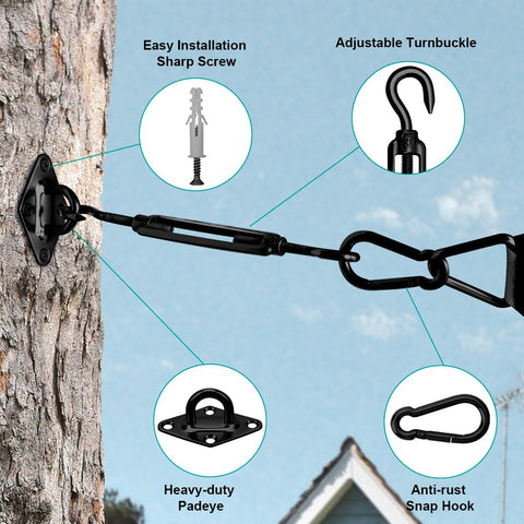 Pro Grade Heavy Duty 6 Inch 304 Stainless Sun Shade Hardware Kit For Triangle And Rectangle Sun Shade Sail Installation Awning Attachment Set For Patio Garden Outdoor Sun Protection Rain Shield 46 Pcs shown on tree with adjustable turnbuckle and snap hook