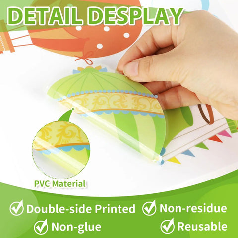 Colorful Hot Air Balloon Window Clings Set for Back to School Decor detail display, showing easy peel PVC material.