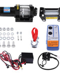 Heavy Duty Fabater 4000 Lb Electric Winch With Steel Cable And Three Stage Planetary Gear System components with remote, cables, and accessories.