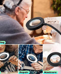 10X Lighted Magnifying Glass With Clip On Mount 48 LED Desk Magnifier with clamp used for sewing, DIY, repair, and manicure tasks.