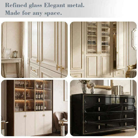 Bedroom scene showcasing Gold Crystal Drawer Knobs 4 Pack Rhinestone Cabinet Pulls on cream wardrobes and black dresser.