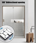 Top Shelf 304 Stainless Steel Glass Door Hinges Two Pack Bright Silver 180 Degree Wide Swing Bathroom Clamps shown in bidirectional opening.