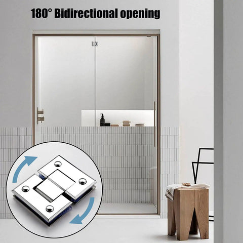 Top Shelf 304 Stainless Steel Glass Door Hinges Two Pack Bright Silver 180 Degree Wide Swing Bathroom Clamps shown in bidirectional opening.