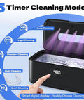 Hella Fresh Ultrasonic Jewelry Cleaner With Smooth 50 Khz Uv Tech 24 Oz stainless tank displaying timer modes for cleaning rings, glasses.