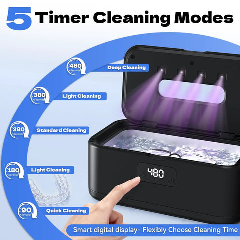 Hella Fresh Ultrasonic Jewelry Cleaner With Smooth 50 Khz Uv Tech 24 Oz stainless tank displaying timer modes for cleaning rings, glasses.