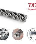 Close-up of 7x7 construction showing Heavy Duty Stainless Steel Picture Hanging Wire, 50lb Capacity, 100 Feet With Aluminum Crimping Sleeves, Perfect For Hanging Picture Frames, Mirrors, And Wall Art, Rugged Wire Rope Built To Last and caliper measurement at 1.5 mm.