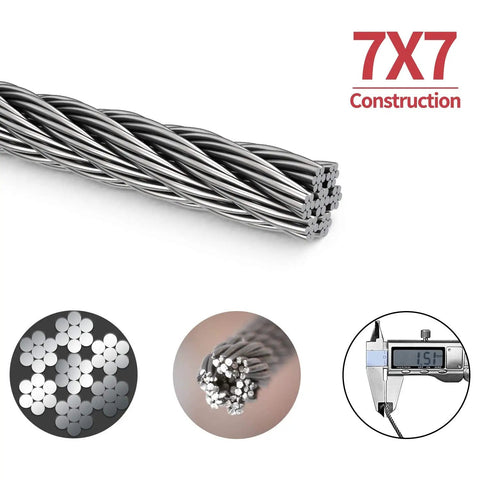 Close-up of 7x7 construction showing Heavy Duty Stainless Steel Picture Hanging Wire, 50lb Capacity, 100 Feet With Aluminum Crimping Sleeves, Perfect For Hanging Picture Frames, Mirrors, And Wall Art, Rugged Wire Rope Built To Last and caliper measurement at 1.5 mm.