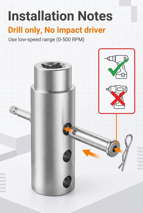 Beefy Stainless Steel Trailer Jack Drill Adapter with installation notes for low-speed drill use, showcasing adapter features.