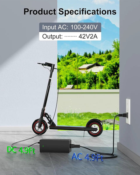 42V 2A Fast Charger For Gotrax Electric Scooters Compatible With GXL V2 G2 G3 G4 Apex Glider XR Elite XR Ultra And More Nine Point Eight Foot Cord Power Supply Adapter For 36V Lithium Ion Battery