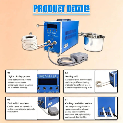 High Frequency Induction Heater 6000W Flameless Metal Melting Furnace for Quenching, featuring digital display and cooling system.
