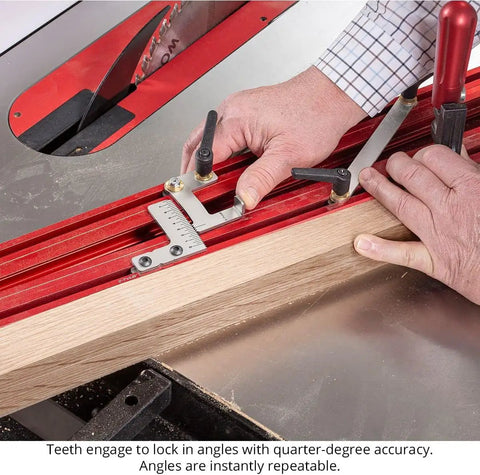 Heavy Hitting 48 Inch Precision Taper Jig For Table Saw With Dead On Accurate Angle Adjustment and slick extendable support, hands adjusting clamp.