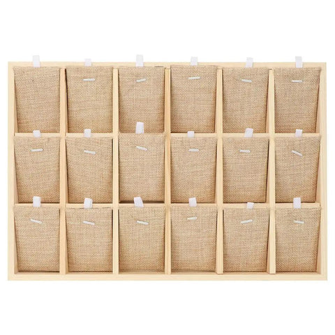 Top Shelf Solid Pine Wood Jewelry Organizer Tray With Eighteen Roomy Slots with burlap compartments, ideal for earrings and bangles.