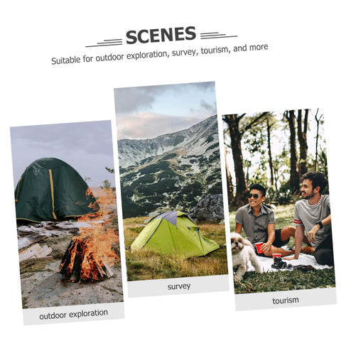 Collage of camping scenes highlighting outdoor exploration, survey, and tourism with tents and nature.