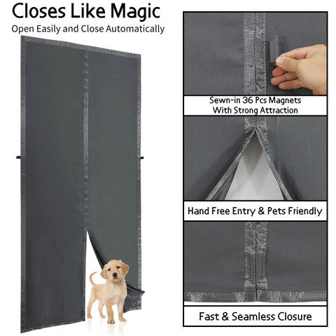 Dark grey thermal insulated door curtain with magnetic closure, showing layered fabric and hand adjusting closure, fits up to 38x82 inches