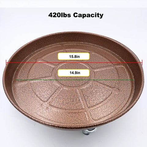 Big Boy Rolling Plant Dolly With Lockable Casters For Smooth Riding Indoors Or Outdoors, Built Like A Tank At Four Hundred Twenty Lb Capacity, Thickened Steel Pan With No Cutouts, Fits Twelve To Fifteen Inch Pots, Pack Of Two 15.8in and 14.9in dimensions shown
