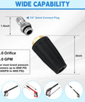 Turbo Pressure Washer Nozzle Rotating Jet For 4000 PSI Power Cleaning with dimensions and quick connect shown