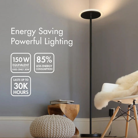 Super Bright 3000 Lumen LED Torchiere Floor Lamp With Remote 30W Touch Dimmer in living room setting