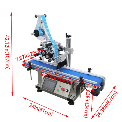 Desktop Conveyor Plane Labeling Machine 110V Plug And Play Adjustable Bottle Label Applicator showing dimensions for easy reference.
