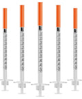 Transparent Dispensing Tips Featuring Double Helix Lock And Large Area Rotation Design Individually Wrapped 0.5cc Needles For Paint Glue Oil And Ink 100 Pack view of five clear applicator tips with orange caps.