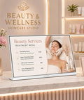 Slick Countertop Digital Signage Display Featuring Usb Autoplay Cloud Cms Hub And Ethernet Hookup For Restaurants Cafes And Retail Counters That Run Like Clockwork And Always Look Sharp in a beauty studio showing service menu