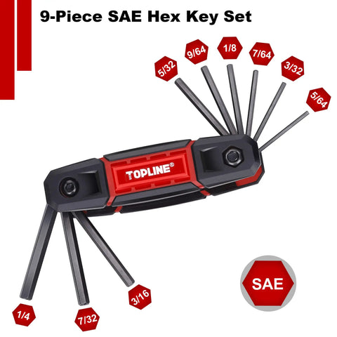 Three Pack Folding Allen Wrench Set Includes SAE Metric And Torx Keys, portable 9-piece SAE hex key in red handle.