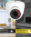 4 In 1 HD Outdoor Dome CCTV Cam with 2.8-12mm varifocal lens, white metal housing, in a living room setting, 36 IR LEDs.